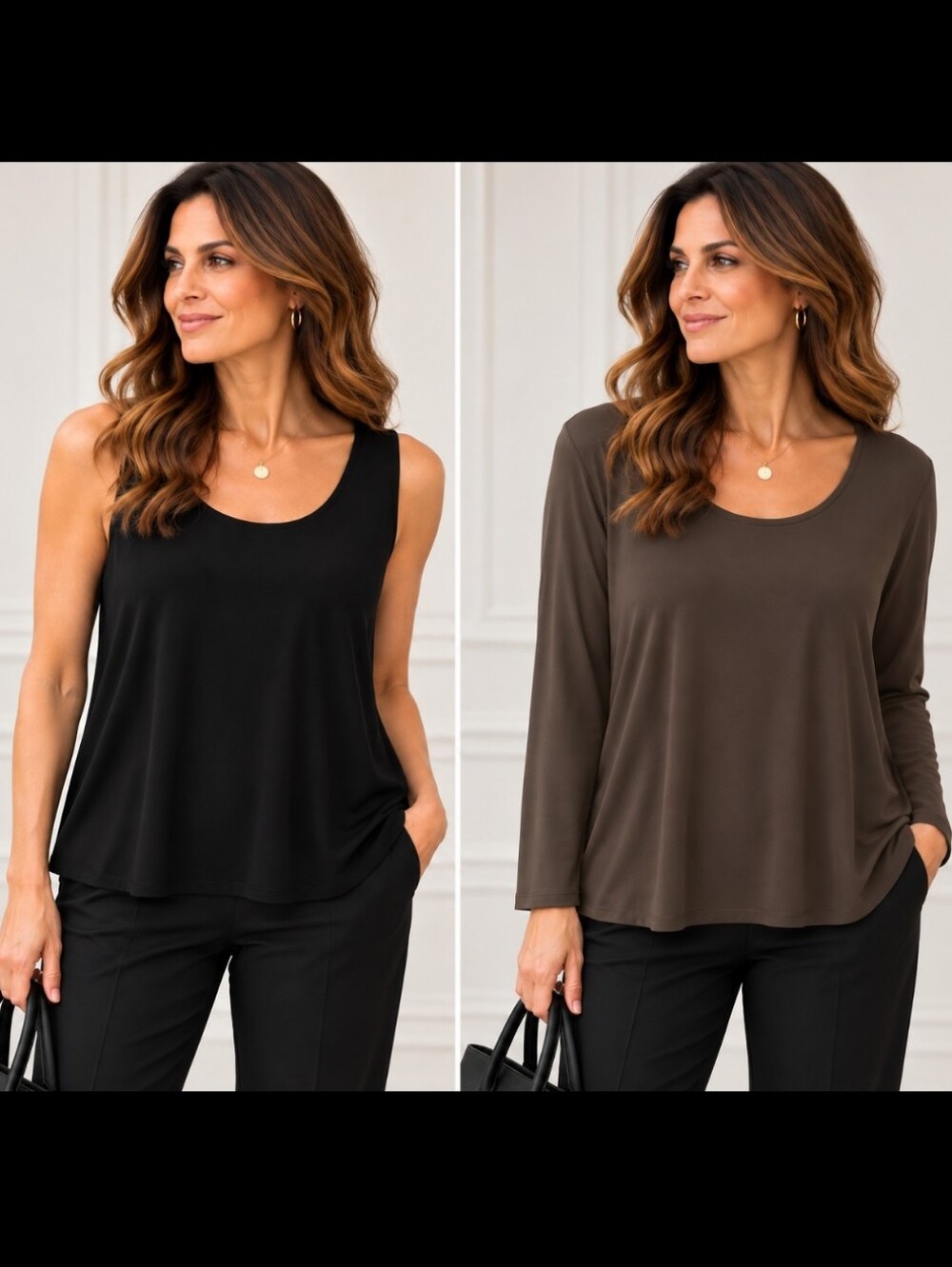 Eileen Fisher 100% Silk Tank & Long Sleeve Top Set Black Brown 1X